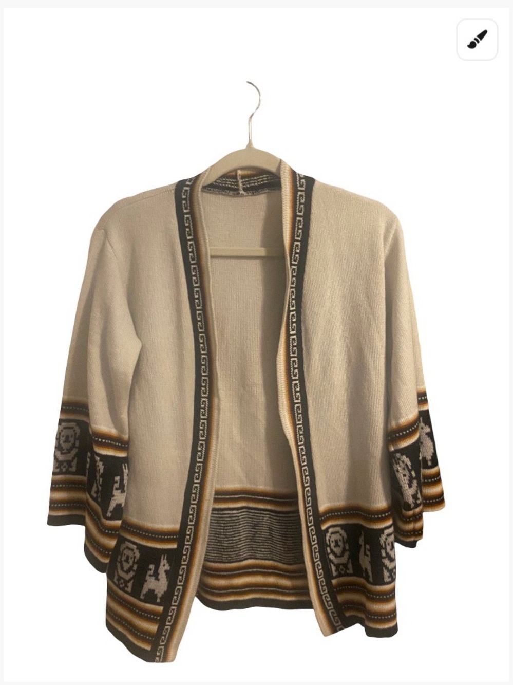 Cream Open-Front Women's Cardigan with Patterned Trim